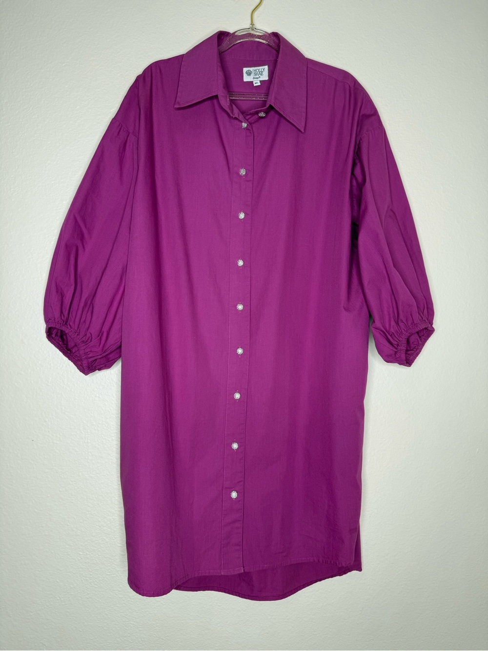 Holly Shae Magenta Button-Down Mini Dress Cotton Balloon Sleeves M/L